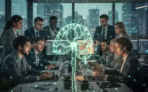 Eine futuristische Darstellung von KI-Technologie, die sich mit menschlicher Interaktion in einem modernen Büro vermischt, symbolisiert Mitarbeiterbindung und Datenanalyse. - Foto: über boerse-global.de