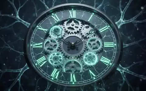 Eine stilisierte Uhr mit ZahnrĂ€dern und neuronalen Mustern, die Zeitmanagement, Biologie und KI in einem Arbeitsablauf darstellt. - Foto: ĂŒber boerse-global.de