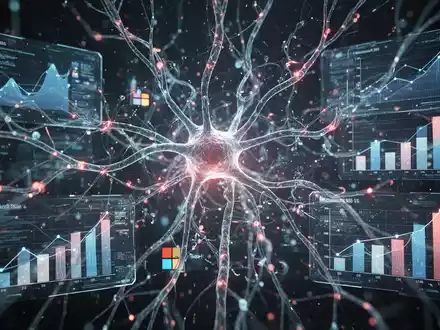 Eine futuristische Darstellung eines neuronalen Netzwerks mit holografischen Geschäftsgrafiken, die Komplexität und KI-Automatisierung symbolisieren. - Foto: über boerse-global.de