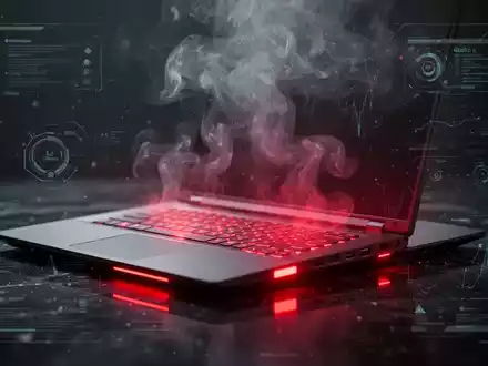 Überhitzter Laptop mit rot glühenden Lüftungsschlitzen und dezenten digitalen Interface-Elementen, die Systembelastung und technische Probleme anzeigen. - Foto: über boerse-global.de
