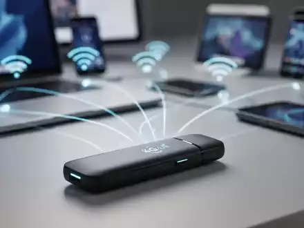 Ein modernes, kompaktes mobiles Hotspot-Gerät mit dezenten visuellen Hinweisen auf drahtlose Konnektivität, das Internetfreigabe für mehrere Nutzer suggeriert. - Foto: über boerse-global.de