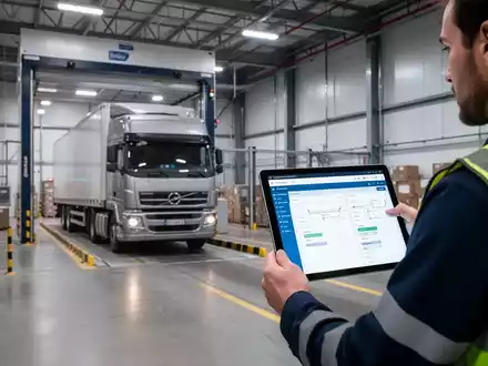 Ein Lagerarbeiter mit Warnweste überprüft auf einem Tablet digitale Prozessmanagement-Software an einer modernen Laderampe in einem Logistikzentrum. - Foto: über boerse-global.de