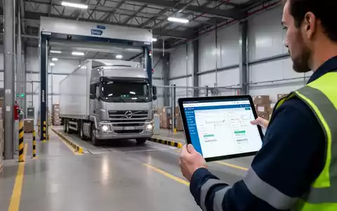 Ein Lagerarbeiter mit Warnweste überprüft auf einem Tablet digitale Prozessmanagement-Software an einer modernen Laderampe in einem Logistikzentrum. - Foto: über boerse-global.de
