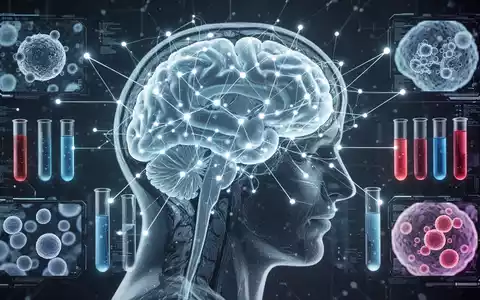 Eine futuristische Darstellung eines Gehirns mit überlagerten neuronalen Netzwerken, verbunden mit Blutproben und Datenpunkten, die medizinische Diagnostik symbolisieren. - Foto: über boerse-global.de