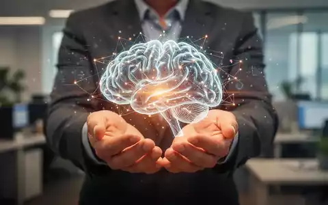 HĂ€nde halten ein leuchtendes, abstraktes digitales Gehirn in einem sanft unscharfen BĂŒro, das psychische Gesundheit am Arbeitsplatz symbolisiert. - Foto: ĂŒber boerse-global.de