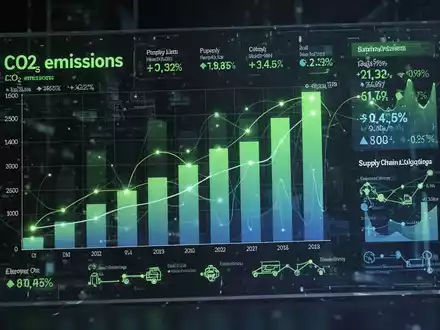 Eine digitale Anzeige zeigt ein Balkendiagramm der CO2-Emissionen, überlagert mit Finanzdaten und Lieferkettenlogistik. - Foto: über boerse-global.de