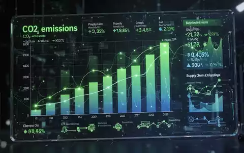 Eine digitale Anzeige zeigt ein Balkendiagramm der CO2-Emissionen, überlagert mit Finanzdaten und Lieferkettenlogistik. - Foto: über boerse-global.de