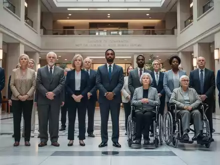 Eine vielfältige Gruppe von Menschen steht in der Halle eines modernen Regierungsgebäudes, symbolisch für Antidiskriminierungsgesetze. - Foto: über boerse-global.de