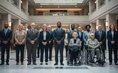 Eine vielfältige Gruppe von Menschen steht in der Halle eines modernen Regierungsgebäudes, symbolisch für Antidiskriminierungsgesetze. - Foto: über boerse-global.de