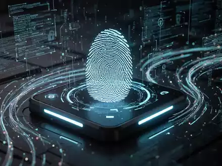 Ein digitaler Fingerabdruckscan auf einem leuchtenden biometrischen Lesegerät, umgeben von Datenströmen, symbolisiert Cybersicherheit. - Foto: über boerse-global.de