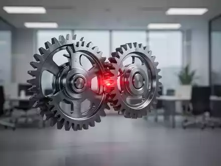 Ein detailliertes Bild eines komplexen, aber blockierten Zahnradmechanismus in einem modernen Bürokontext, das dysfunktionales Management symbolisiert. - Foto: über boerse-global.de