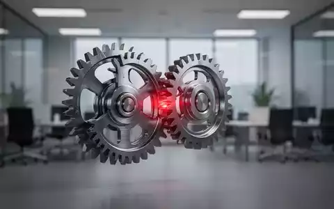 Ein detailliertes Bild eines komplexen, aber blockierten Zahnradmechanismus in einem modernen Bürokontext, das dysfunktionales Management symbolisiert. - Foto: über boerse-global.de