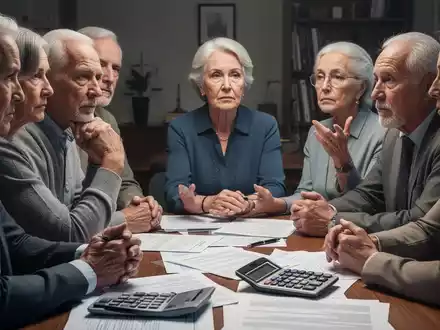 Eine Gruppe von Personen über 50 Jahren bespricht ernsthaft Dokumente an einem Tisch, umgeben von Finanz- und Rechtssymbolen. - Foto: über boerse-global.de