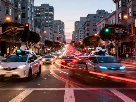 San Francisco Straße in der Dämmerung mit verschwommenen autonomen Fahrzeugen und Lichtspuren, urbane Dichte zeigend. - Foto: über boerse-global.de