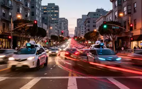 San Francisco Straße in der Dämmerung mit verschwommenen autonomen Fahrzeugen und Lichtspuren, urbane Dichte zeigend. - Foto: über boerse-global.de