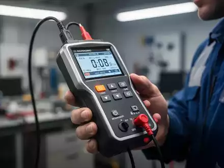 Nahaufnahme eines modernen elektrischen Prüfgeräts, das von einer Person gehalten wird, mit einem unscharfen Büro- oder Werkstatthintergrund. - Foto: über boerse-global.de