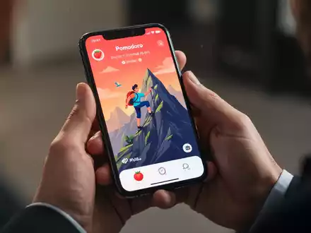 Hände halten ein Smartphone mit einer spielerischen Pomodoro-App, auf der ein Avatar einen Berg erklimmt. - Foto: über boerse-global.de