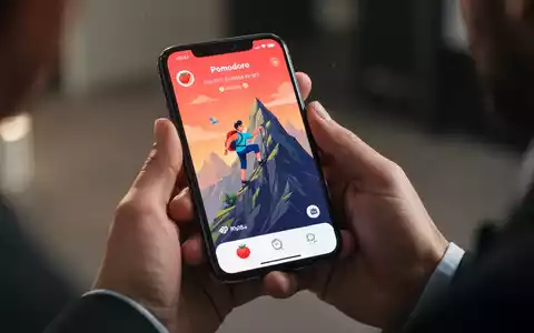 Hände halten ein Smartphone mit einer spielerischen Pomodoro-App, auf der ein Avatar einen Berg erklimmt. - Foto: über boerse-global.de