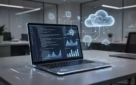 Ein futuristisches digitales Notizbuch mit Code und Datenvisualisierungen, verbunden mit abstrakten KI- und Cloud-Computing-Elementen. - Foto: über boerse-global.de