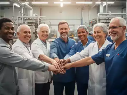 Mitarbeiter in einer modernen Produktionshalle reichen sich die Hände, um Teamwork und eine neue Ära der Zusammenarbeit zu symbolisieren. - Foto: über boerse-global.de