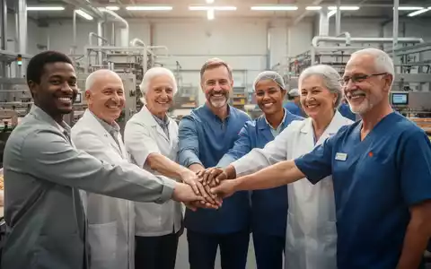 Mitarbeiter in einer modernen Produktionshalle reichen sich die Hände, um Teamwork und eine neue Ära der Zusammenarbeit zu symbolisieren. - Foto: über boerse-global.de
