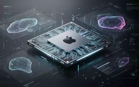 Leuchtender, komplexer Apple Silicon Chip mit abstrakten, durchscheinenden macOS-Oberflächenelementen, die fortschrittliche Technologie darstellen. - Foto: über boerse-global.de
