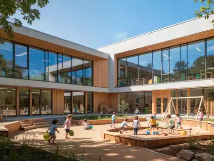 Ein modernes, umweltfreundliches Kindergartengebäude mit großen Fenstern und spielenden Kindern im Außenbereich. - Foto: über boerse-global.de
