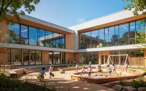 Ein modernes, umweltfreundliches Kindergartengebäude mit großen Fenstern und spielenden Kindern im Außenbereich. - Foto: über boerse-global.de