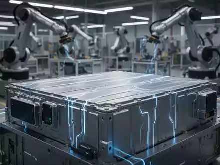 Nahaufnahme eines modernen Elektrofahrzeug-Batteriepacks mit blauen Energielinien, im Hintergrund eine Fabrikhalle mit Robotern. - Foto: über boerse-global.de