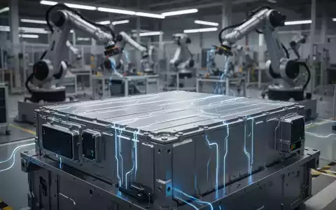Nahaufnahme eines modernen Elektrofahrzeug-Batteriepacks mit blauen Energielinien, im Hintergrund eine Fabrikhalle mit Robotern. - Foto: über boerse-global.de