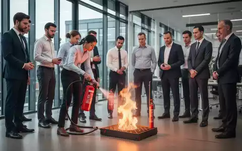 Mitarbeiter in einem modernen Bürogebäude nehmen an einer Brandschutzübung teil, wobei einer einen Feuerlöscher benutzt. - Foto: über boerse-global.de