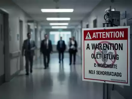 Ein unscharfer Flur in einem modernen Krankenhaus oder Regierungsgebäude mit einem prominenten Warnschild im Vordergrund. - Foto: über boerse-global.de