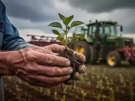Verwitterte Hände eines Bauern, die eine kleine Pflanze halten, mit unscharfen landwirtschaftlichen Maschinen im Hintergrund unter einem bewölkten Himmel. - Foto: über boerse-global.de