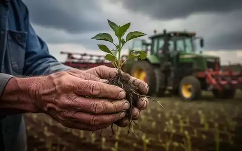 Verwitterte Hände eines Bauern, die eine kleine Pflanze halten, mit unscharfen landwirtschaftlichen Maschinen im Hintergrund unter einem bewölkten Himmel. - Foto: über boerse-global.de