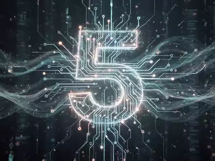 Glühendes, komplexes neuronales Netzwerk mit digitaler '5' für KI, vor fließenden Datenströmen. - Foto: über boerse-global.de