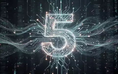 Glühendes, komplexes neuronales Netzwerk mit digitaler '5' für KI, vor fließenden Datenströmen. - Foto: über boerse-global.de