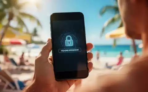 Eine Hand hält ein Smartphone, dessen Bildschirm eine Warnung oder eine verdächtige Nachricht anzeigt, während im Hintergrund verschwommen eine sommerliche Urlaubsszene zu sehen ist. - Foto: über boerse-global.de