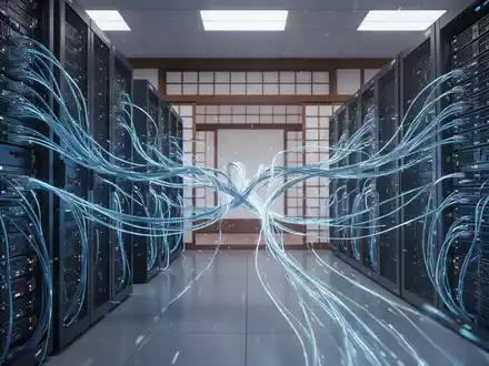 Futuristisches Rechenzentrum mit leuchtend blauen Netzwerkkabeln zwischen leistungsstarken Serverracks, Symbol für fortschrittliche KI-Infrastruktur. - Foto: über boerse-global.de
