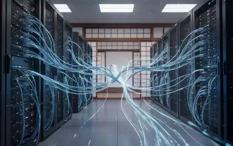 Futuristisches Rechenzentrum mit leuchtend blauen Netzwerkkabeln zwischen leistungsstarken Serverracks, Symbol für fortschrittliche KI-Infrastruktur. - Foto: über boerse-global.de