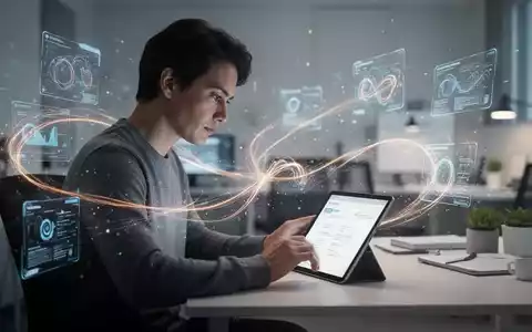 Eine Person sitzt an einem Schreibtisch, umgeben von digitalen Ablenkungen, konzentriert sich aber auf eine Aufgabe auf einem Tablet. - Foto: ĂŒber boerse-global.de