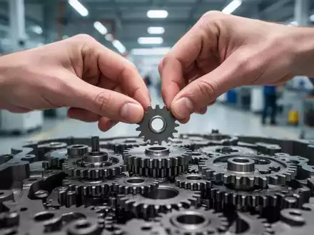 Eine Hand setzt ein kleines Zahnrad präzise in einen komplexen Mechanismus, der kontinuierliche Verbesserung und methodische Arbeit symbolisiert. - Foto: über boerse-global.de