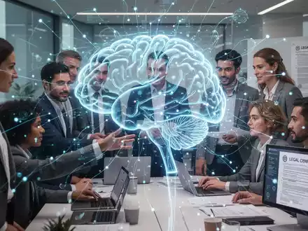 Ein futuristisches KI-Gehirnnetzwerk überlagert eine Gruppe von Fachleuten in einem modernen Büro, das KI in der Personalabteilung symbolisiert. - Foto: über boerse-global.de