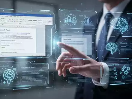 Eine Hand interagiert mit einer holografischen Oberfläche, die Microsoft Word-Dokumente und KI-Funktionen zeigt, als Symbol für Produktivitätssteigerungen. - Foto: über boerse-global.de