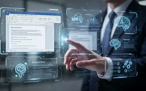 Eine Hand interagiert mit einer holografischen Oberfläche, die Microsoft Word-Dokumente und KI-Funktionen zeigt, als Symbol für Produktivitätssteigerungen. - Foto: über boerse-global.de
