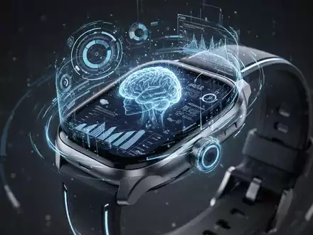 Futuristische Smartwatch mit leuchtendem, holografischem Interface, das Daten und KI-Elemente anzeigt. - Foto: über boerse-global.de