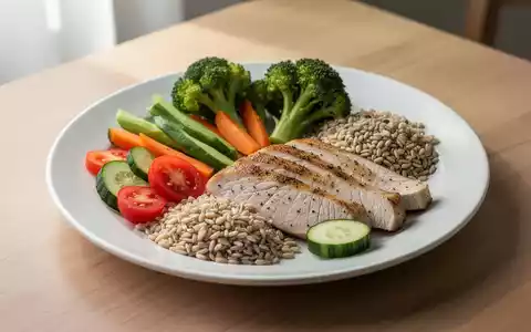 Eine appetitliche Mahlzeit mit frischem Gemüse, magerem Protein und Vollkornprodukten auf einem Holztisch, beleuchtet von sanftem Licht. - Foto: über boerse-global.de
