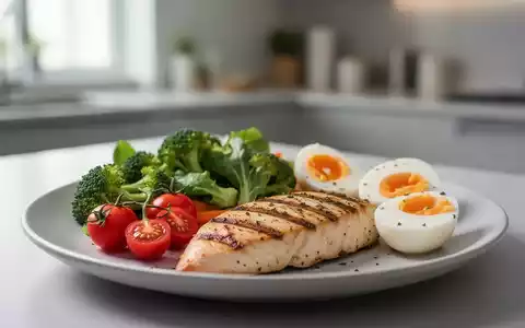 Eine Nahaufnahme eines gesunden Tellers mit Gemüse, magerem Protein und Eiern, der eine kohlenhydratarme Ernährung symbolisiert. - Foto: über boerse-global.de
