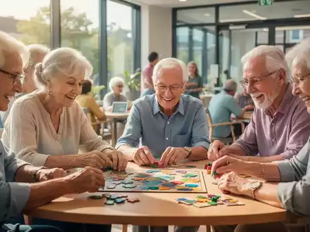 Senioren nehmen an einer Denkspielgruppe in einem hellen Gemeinschaftsraum teil, der Konzentration und Engagement zeigt. - Foto: über boerse-global.de