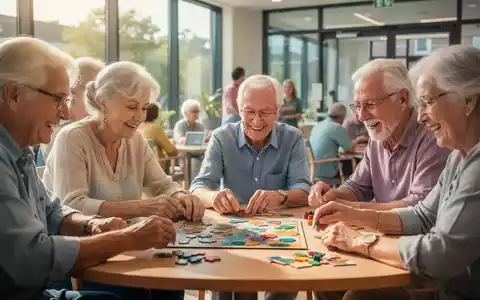 Senioren nehmen an einer Denkspielgruppe in einem hellen Gemeinschaftsraum teil, der Konzentration und Engagement zeigt. - Foto: über boerse-global.de