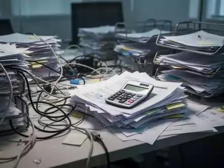 Ein chaotischer Büroschreibtisch mit Stapeln von unorganisierten Papieren, verhedderten Kabeln und überfüllten Ablagen, der administrative Unordnung darstellt. - Foto: über boerse-global.de